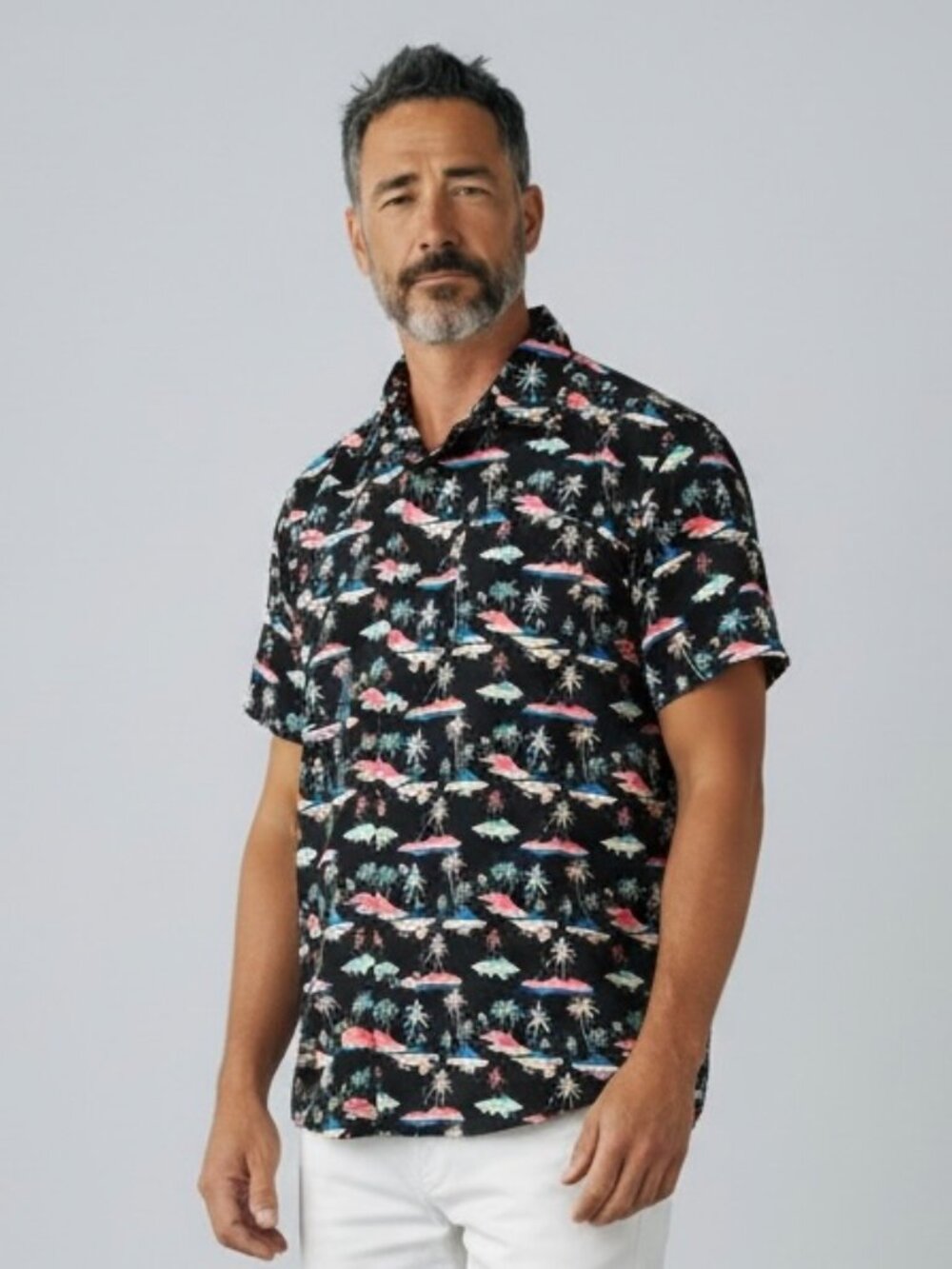 Oliver & Burke Shirt Men’s Large Black Neon bright Print Short Sleeve Button up